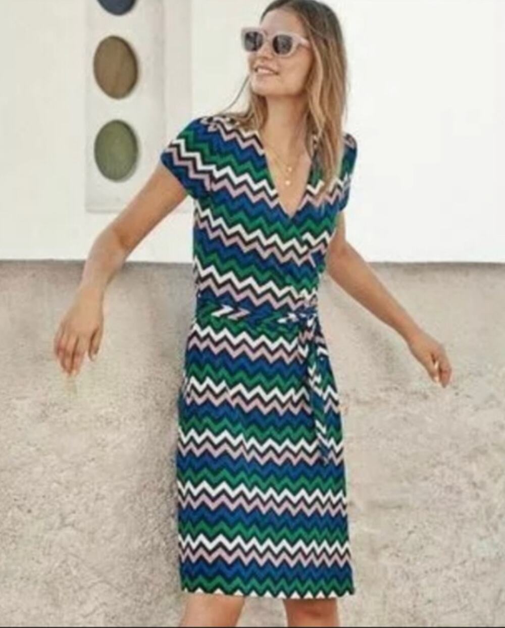 BODEN Women's Wrap Dress Size UK 8 US 4 Navy Blue Green Chevron Jersey Knee